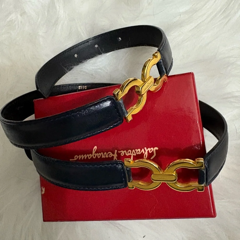 Salvatore Ferragamo black Leather Belt with Gold Buckle